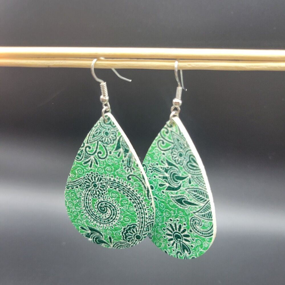 Large Teardrop Dangle Women Green Faux Leather Paisley Boho Lightweight Her Gift
